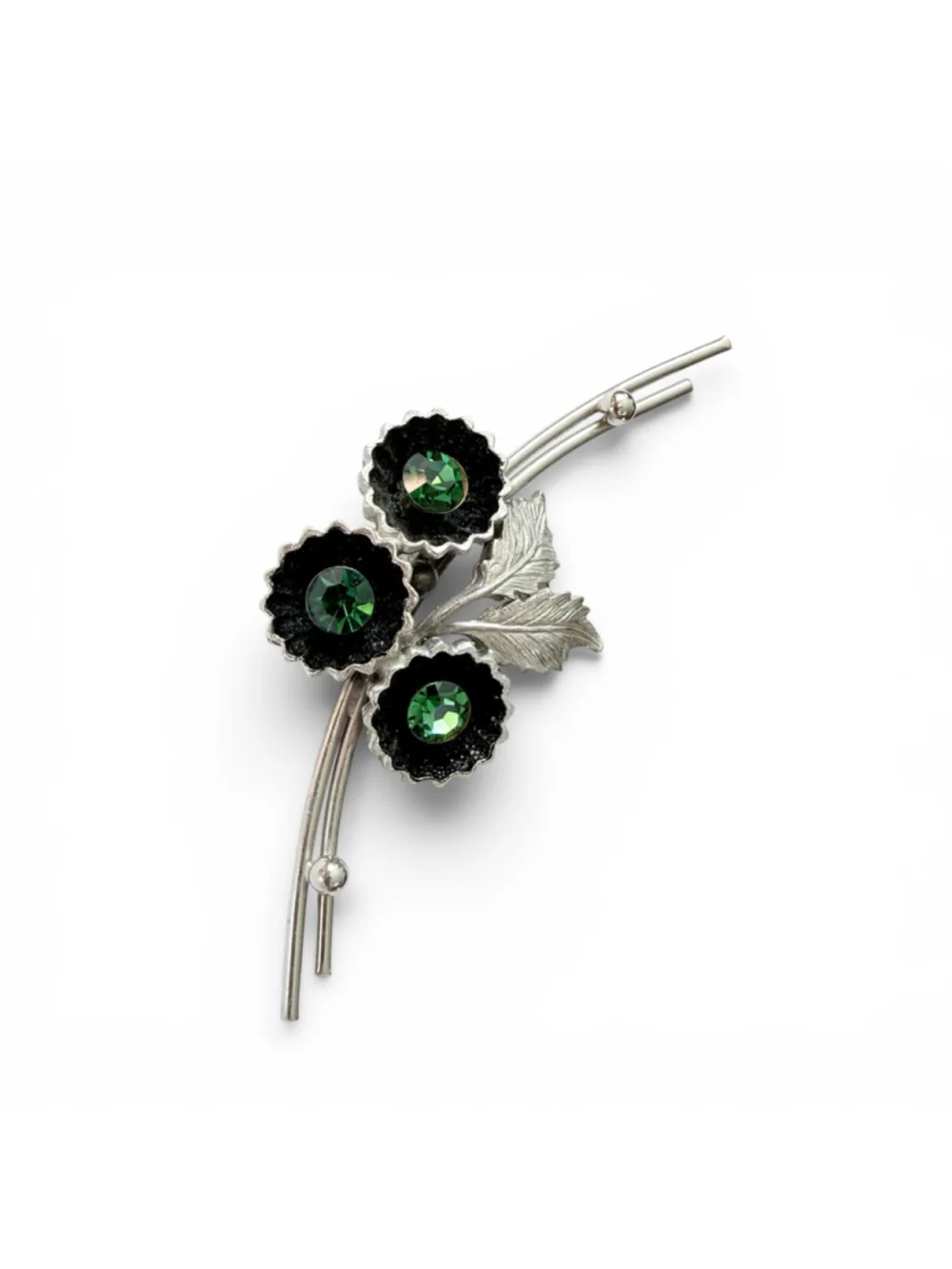 Vintage Green Rhinestone Flower Brooch Silver Tone Floral Spray Pin Black Enamel - Picture 2 of 8